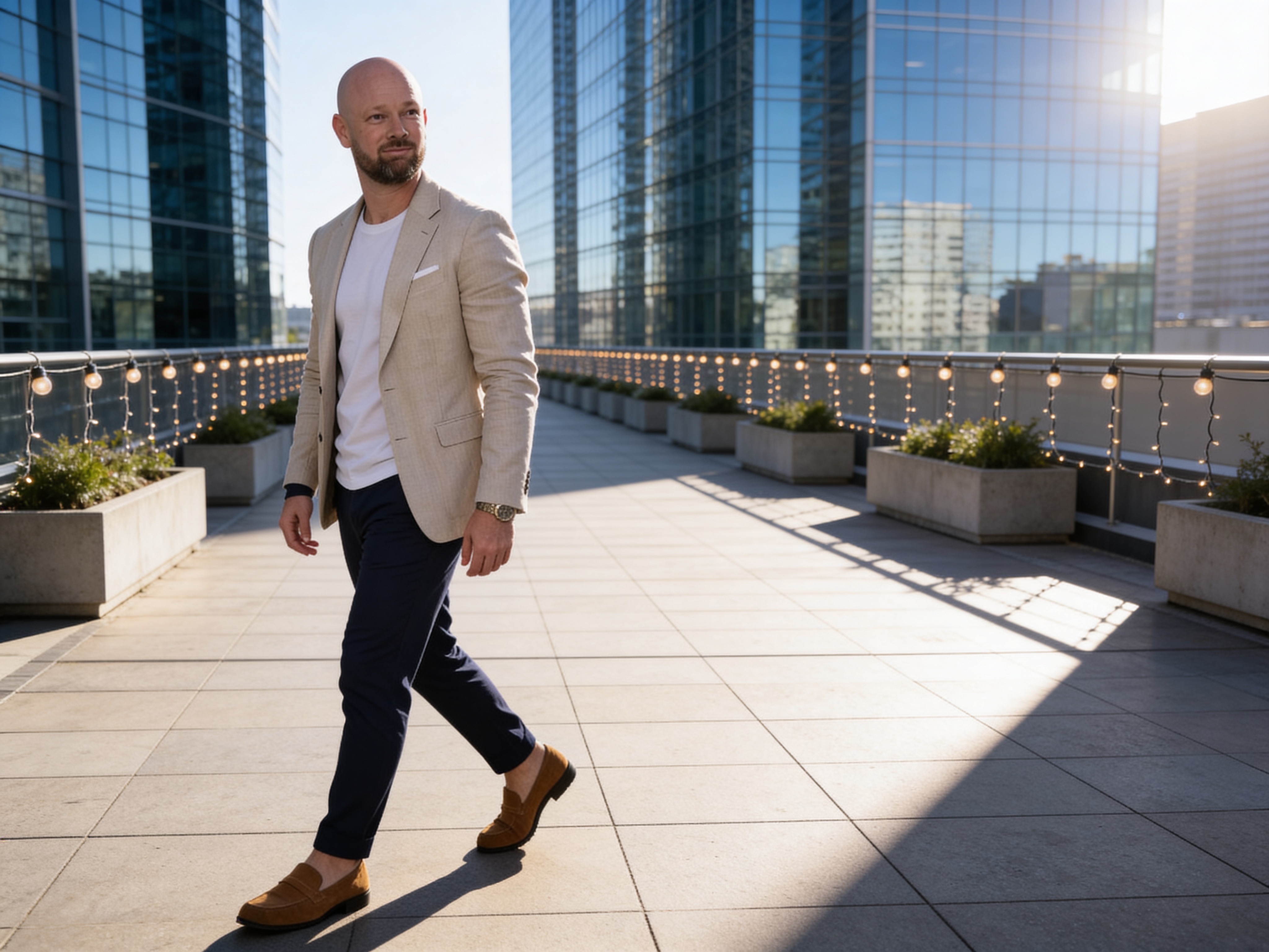 Photo générée · homme en costume beige marchant sur un rooftop · pose figée style banque d'images