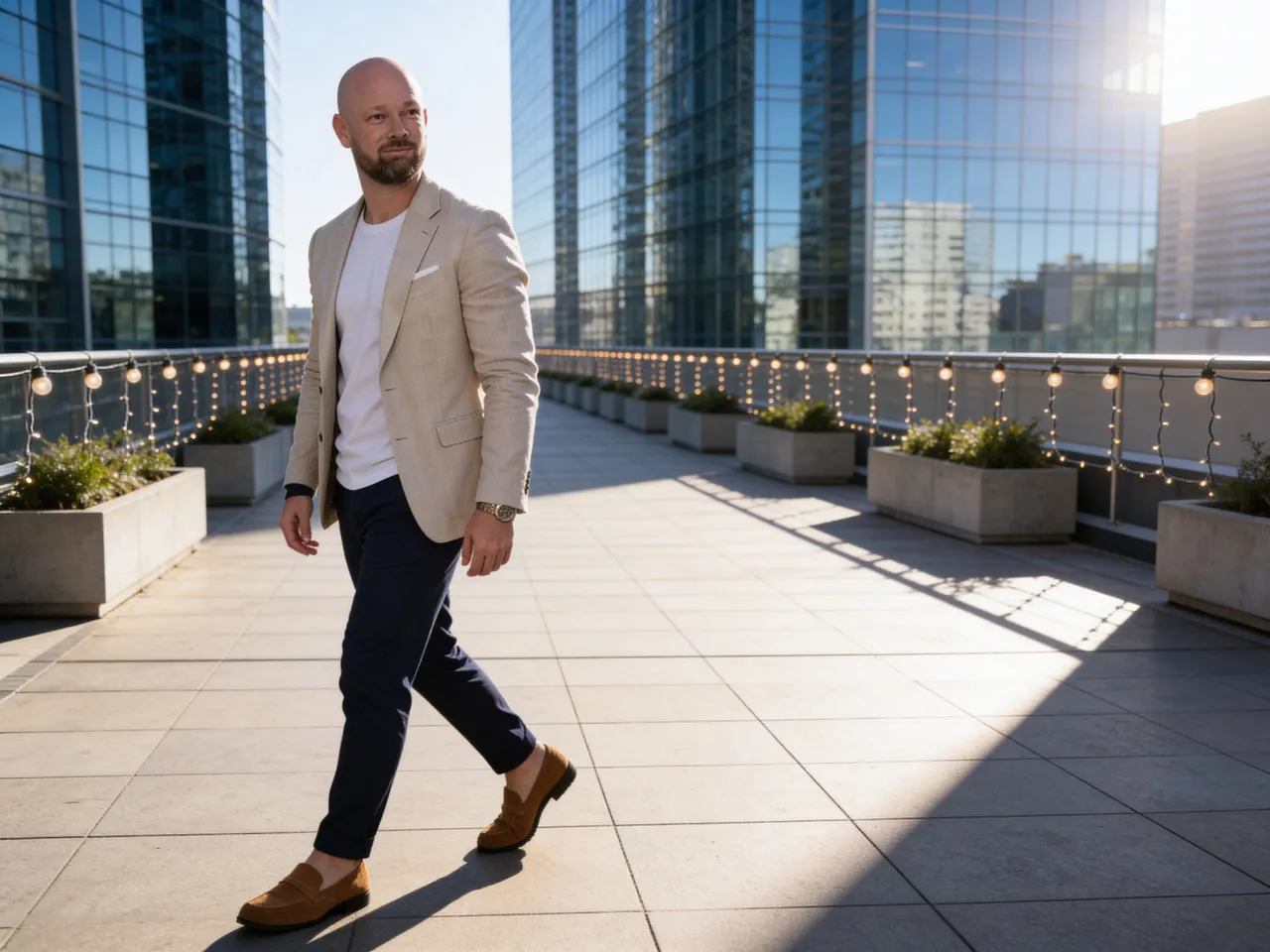Photo générée · homme en costume beige marchant sur un rooftop · pose figée style banque d'images