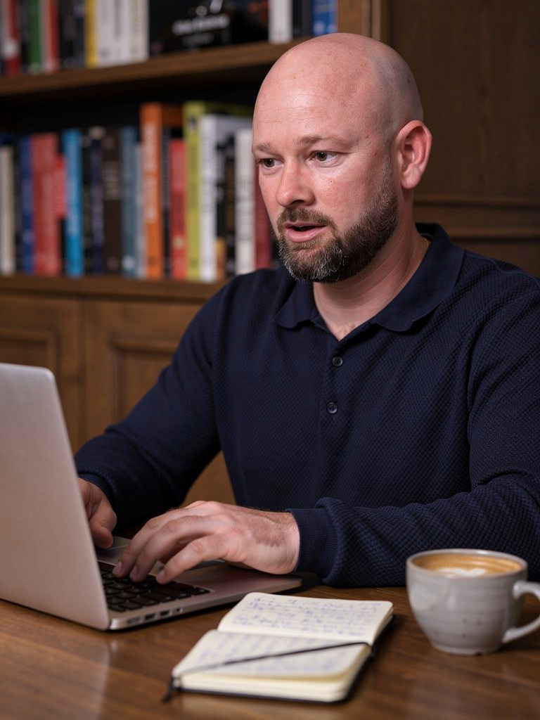 Photo lifestyle · gros plan laptop dans un café avec bibliothèque en arrière-plan