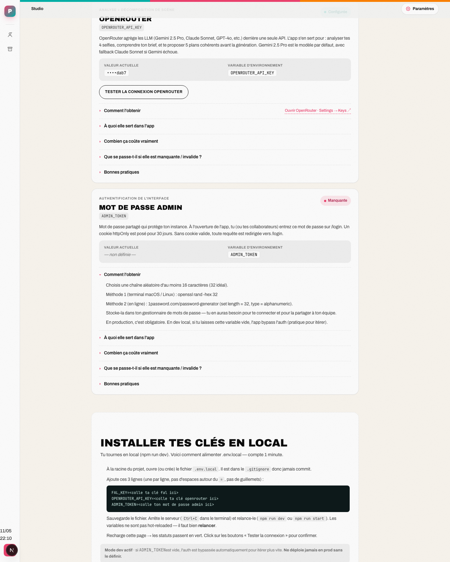 Section 'Installer tes clés en local' · instructions pas-à-pas pour le mode local