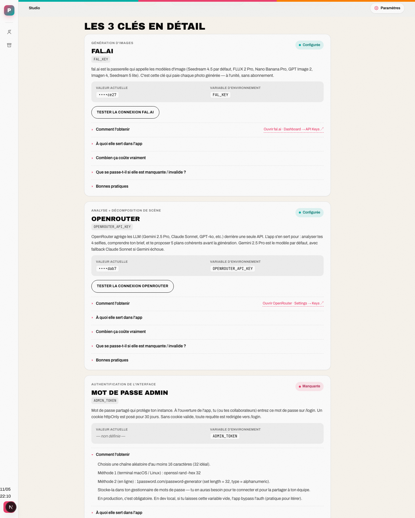 Zoom sur les cartes de statut des clés API · status, variable d'environnement, bouton tester