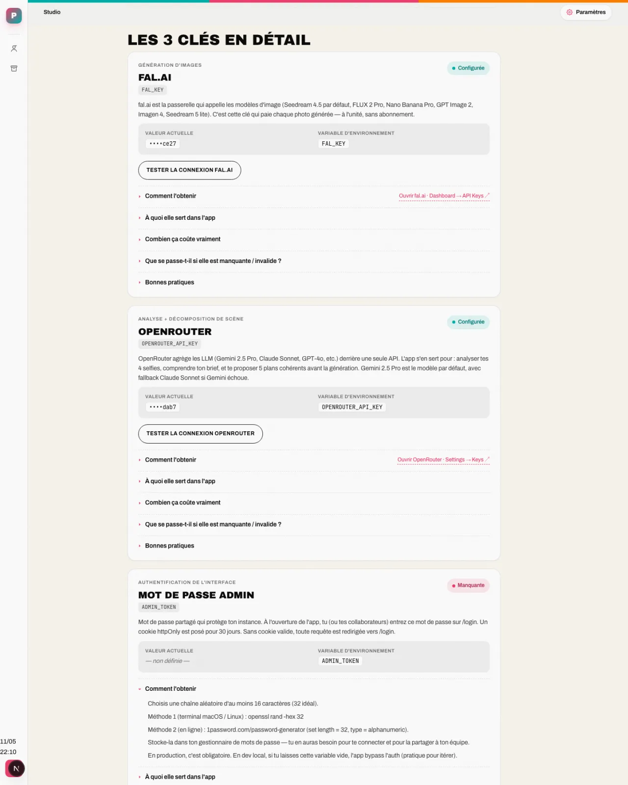 Zoom sur les cartes de statut des clés API · status, variable d'environnement, bouton tester