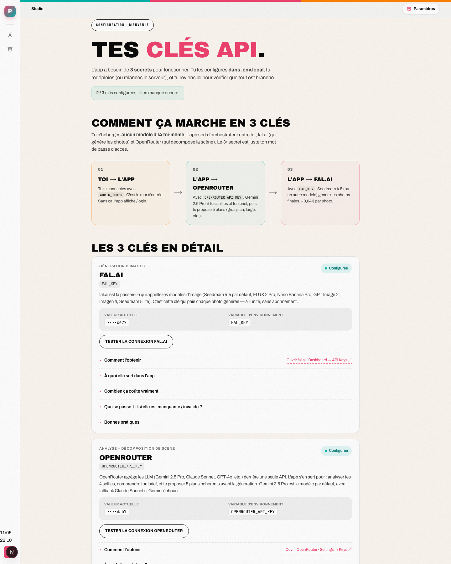 Capture d'écran de la page Paramètres — hero, diagramme des 3 clés API et cartes de statut