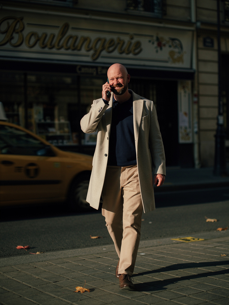 Photo générée · marche dans la rue parisienne en manteau beige, téléphone à l'oreille, taxi jaune en arrière-plan · trop éditorial