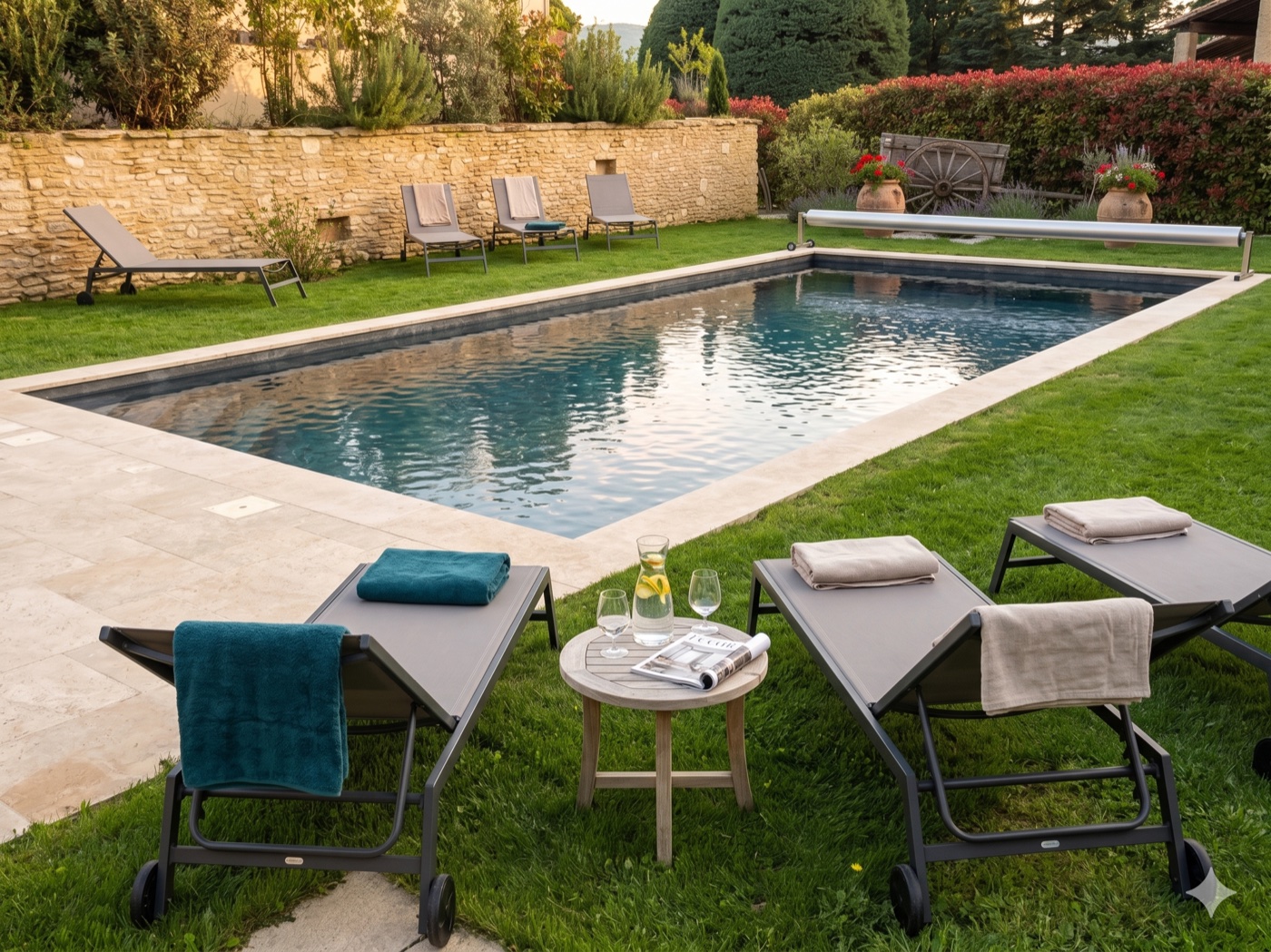 Photo Airbnb après IA : piscine avec apéritif sur table, transats avec serviettes, lumière dorée