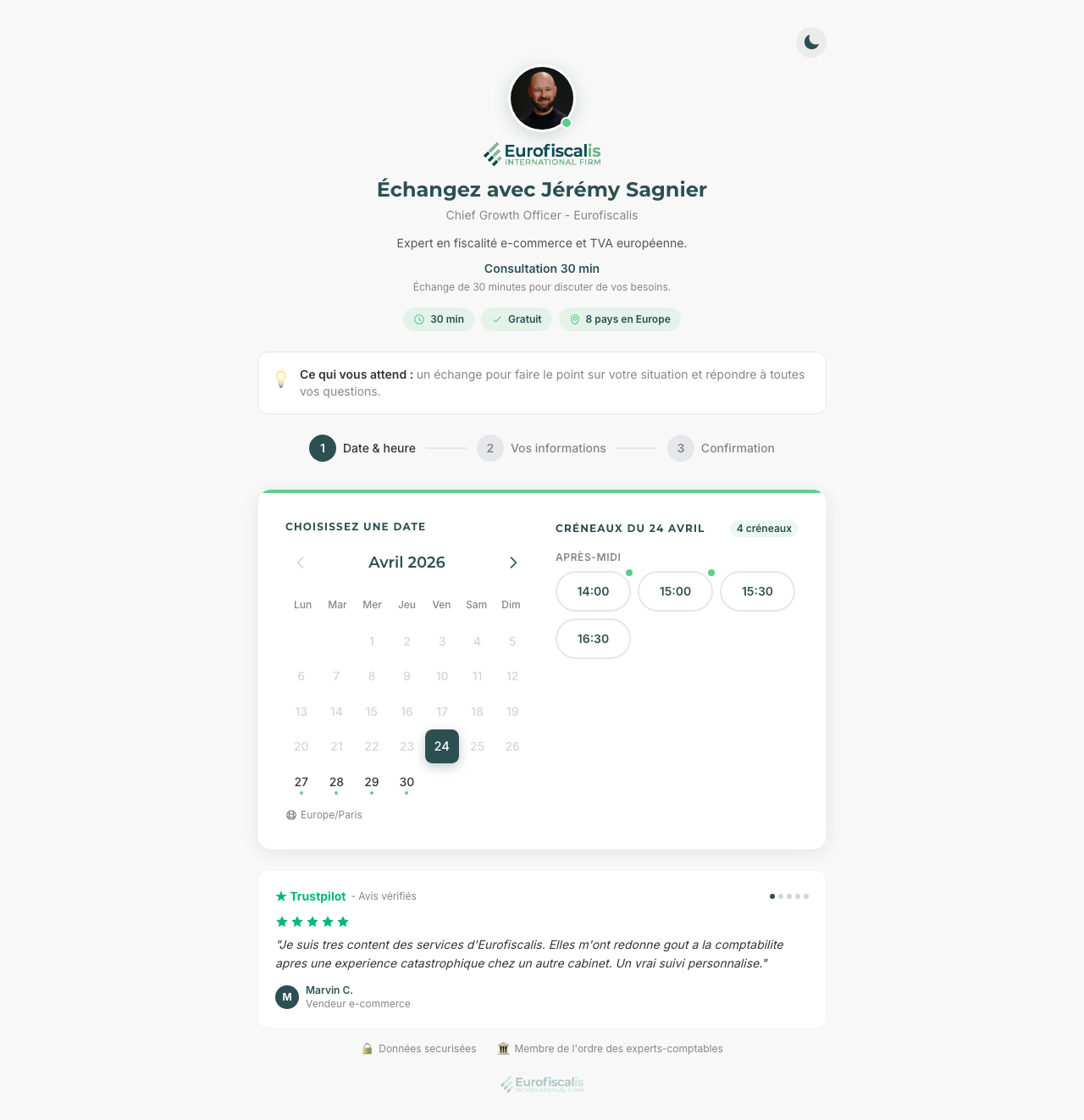 Page de réservation Eurofiscalis · Échangez avec Jérémy Sagnier