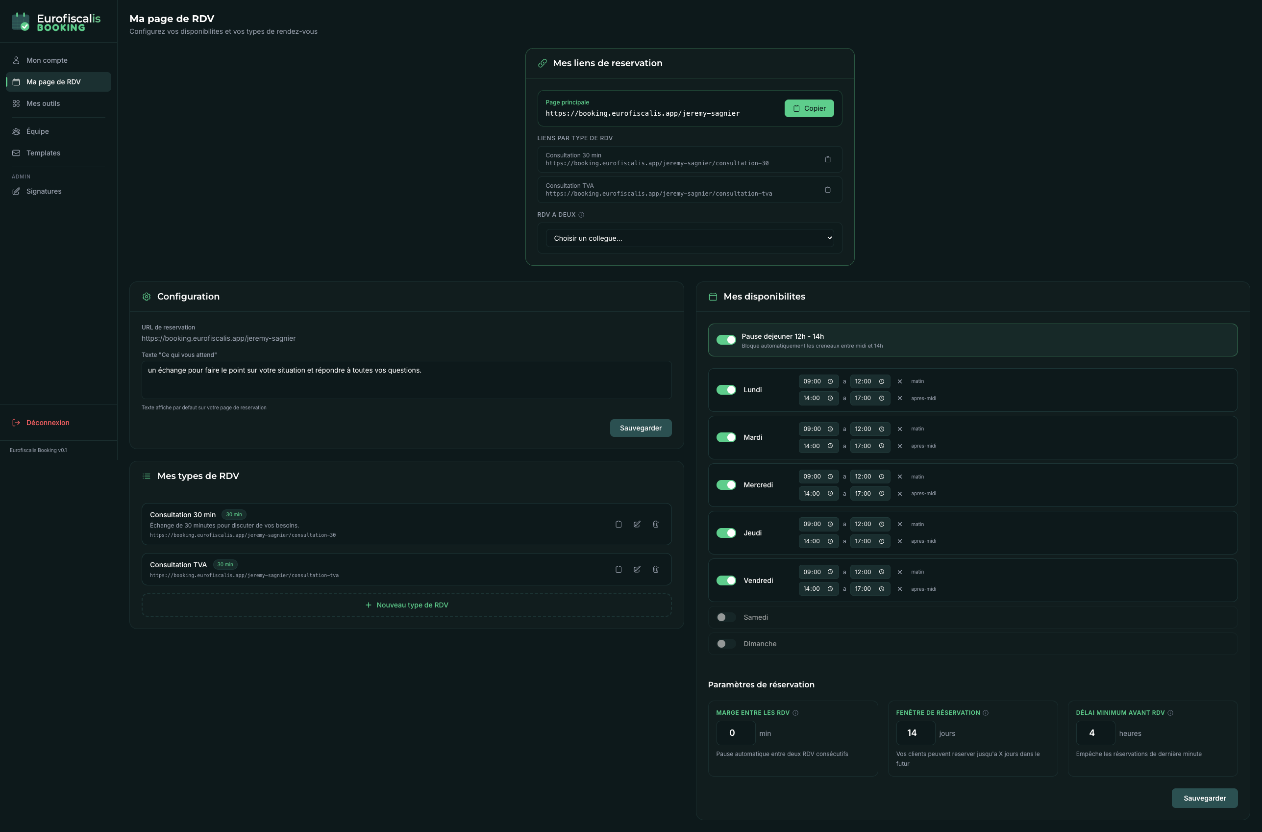 Back-office Booking Eurofiscalis · Page Ma page de RDV avec configuration types et disponibilités