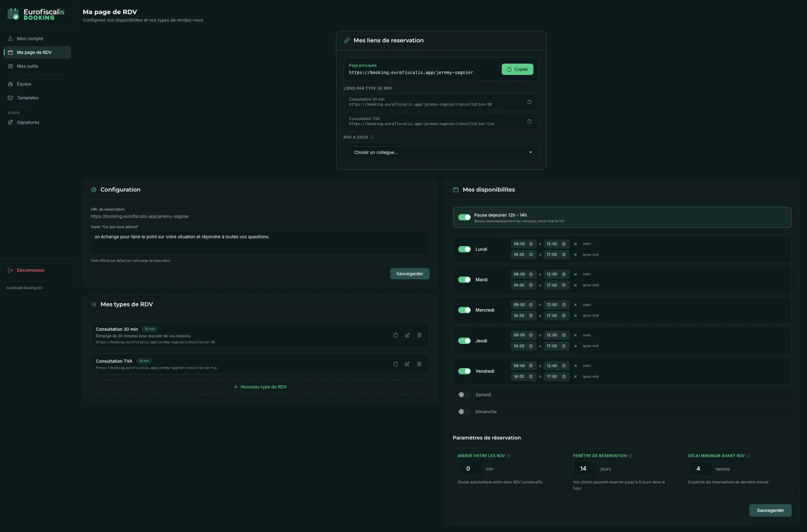 Back-office Booking Eurofiscalis · Page Ma page de RDV avec configuration types et disponibilités