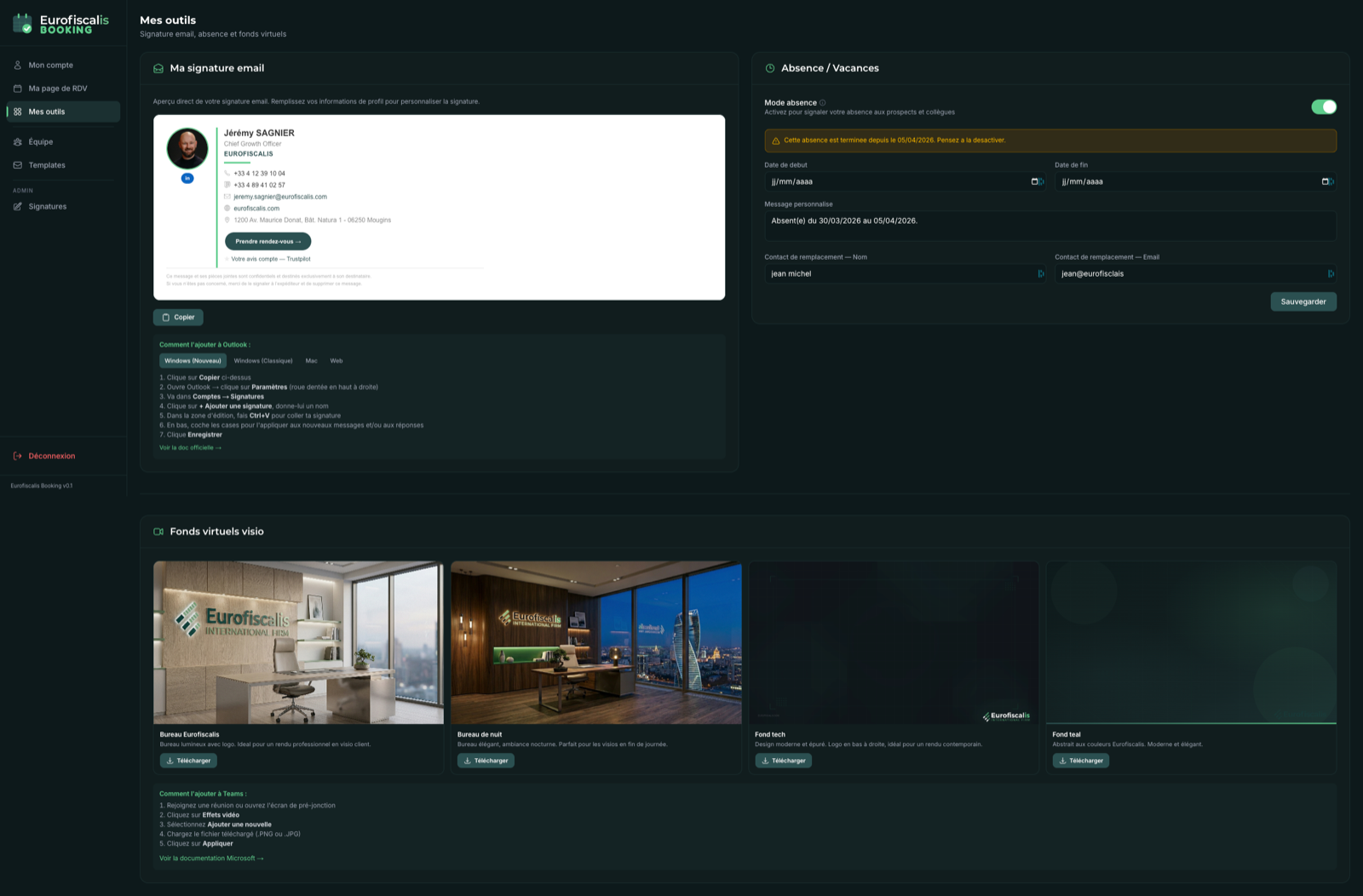 Back-office Booking Eurofiscalis · Page Mes outils avec signature email, gestion absences et fonds virtuels visio