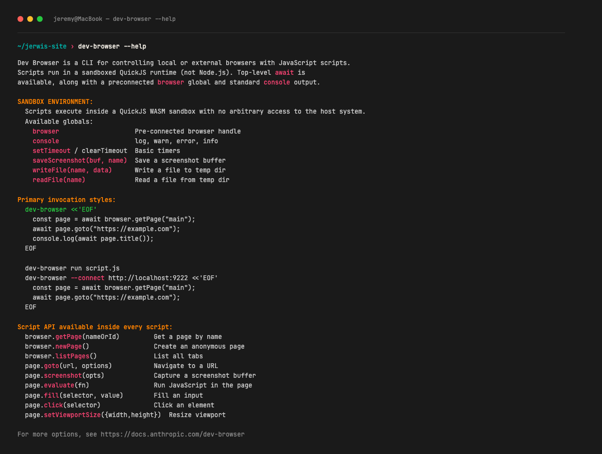 Capture du terminal montrant la sortie de la commande dev-browser --help : sandbox QuickJS, API browser, exemples d'invocation.