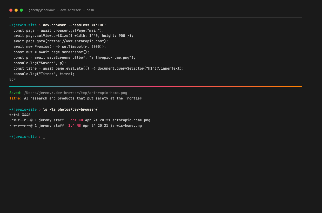 Capture du terminal montrant une commande dev-browser exécutée et son output : titre H1 récupéré, screenshot enregistré sur disque.