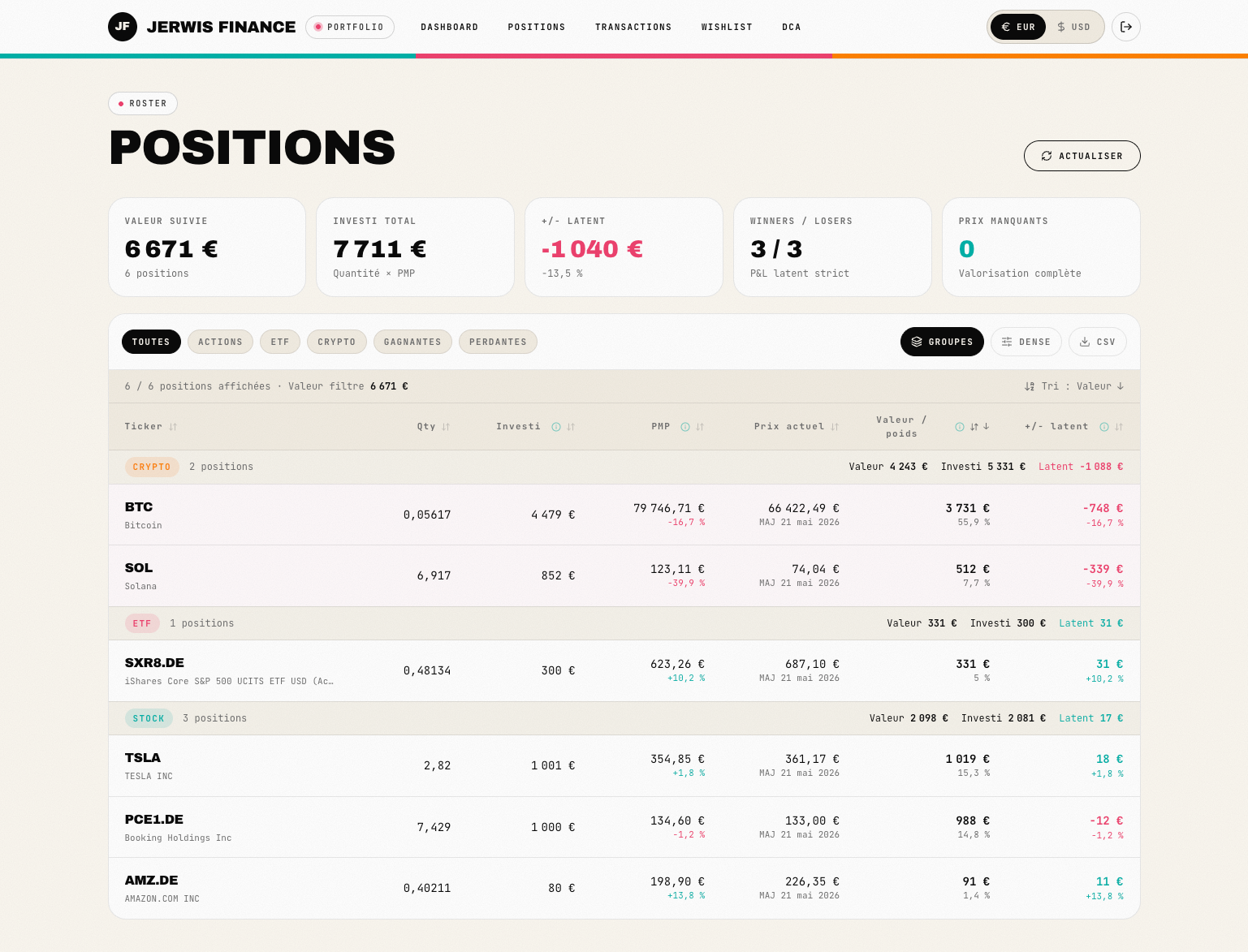 Jerwis Finance · Page Positions avec PMP, poids et performance