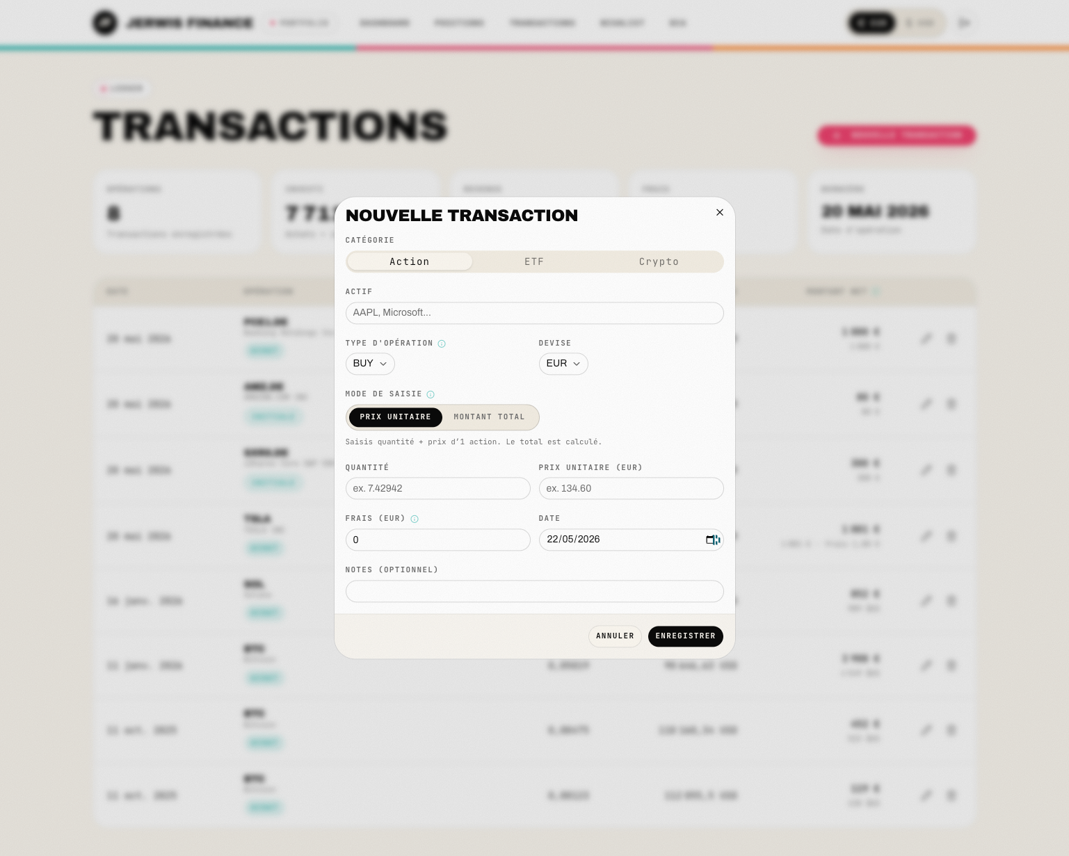 Jerwis Finance · Page Transactions avec historique des achats et ventes